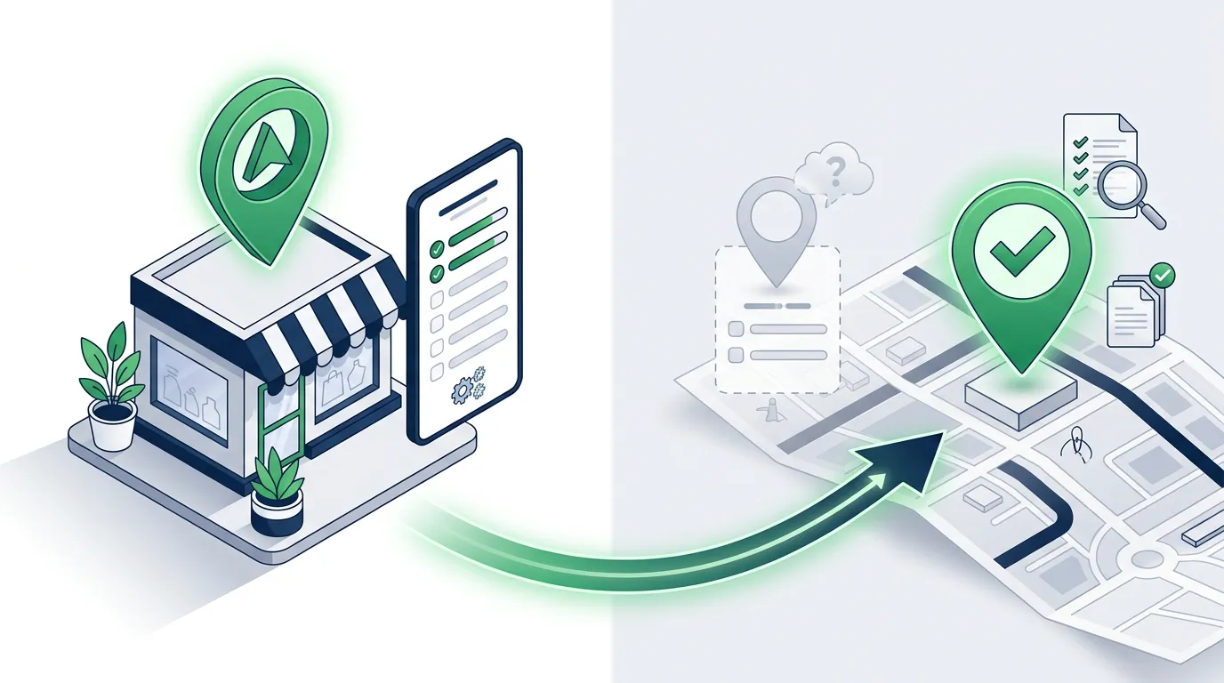 Illustration: on the left, a storefront with a green map pin and a new listing checklist being completed; on the right, a faded, suspended map listing being restored to a verified green pin through a documented review process.